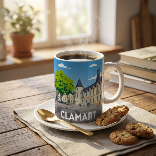 Mug souvenir de la ville de Clamart avec une illustration stylisée.