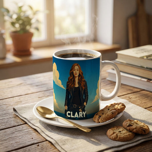 Mug souvenir de la ville de Clary orné d'une illustration stylisée d'une femme rousse.
