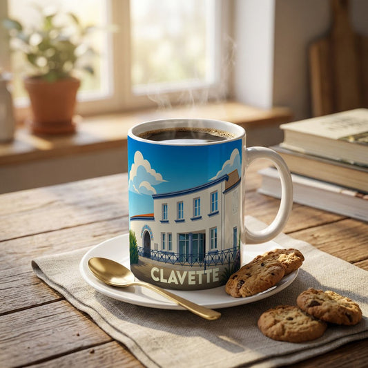 Mug souvenir de la ville de Clavette orné d'une illustration stylisée de son architecture locale.