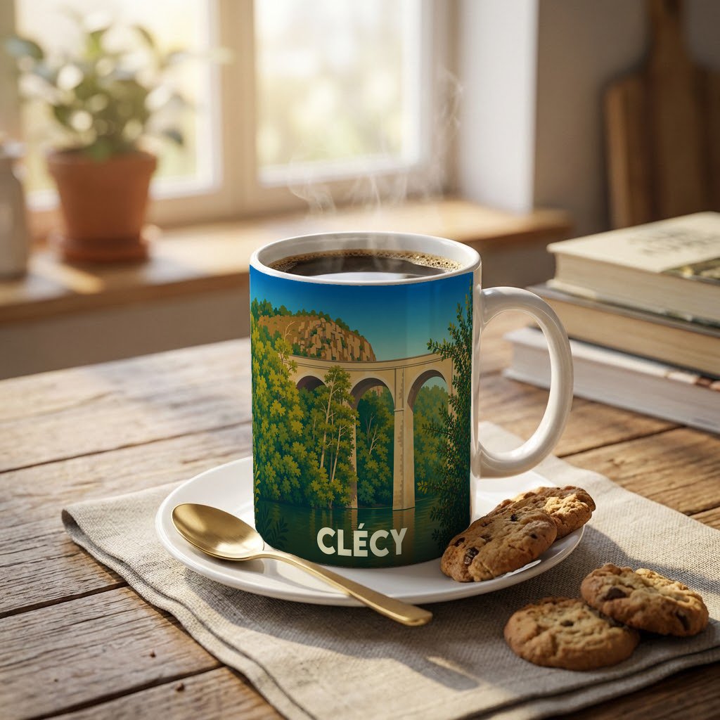 Mug souvenir de la ville de Clécy avec une illustration stylisée de son viaduc.