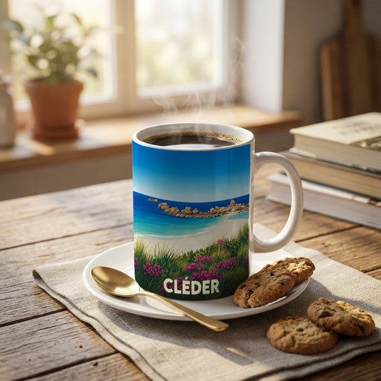 Mug souvenir de la ville de Cléder avec une illustration de plage stylisée.