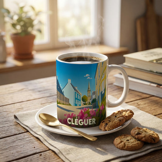 Mug souvenir de la ville de Cléguer arborant une illustration stylisée de ses rues et de son clocher.
