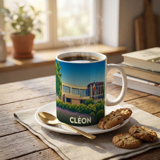 Mug souvenir de la ville de Cléon avec une illustration stylisée.