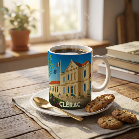 Mug souvenir de la ville de Clérac avec une illustration stylisée de son hôtel de ville.