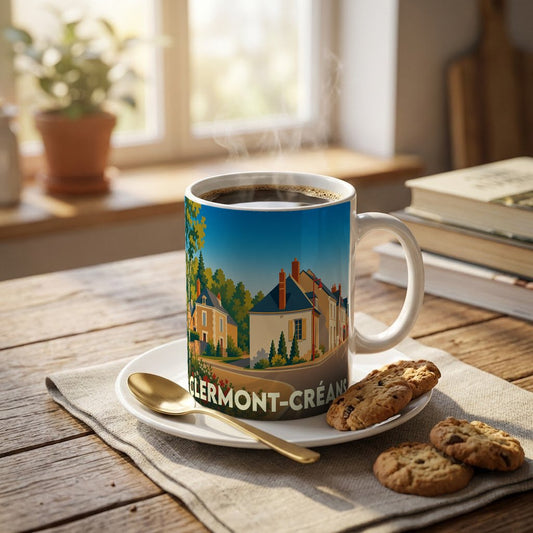 Mug souvenir de la ville de Clermont-Créans avec une illustration stylisée d'un paysage urbain.