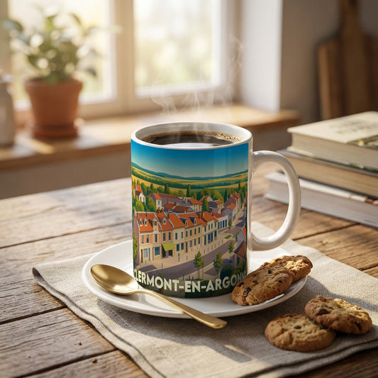 Mug souvenir de la ville de Clermont-en-Argonne avec une illustration stylisée et colorée.