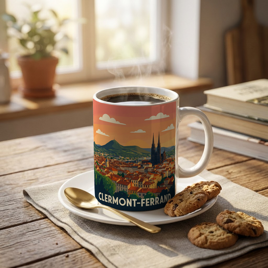 Mug souvenir de la ville de Clermont-Ferrand avec une illustration stylisée.