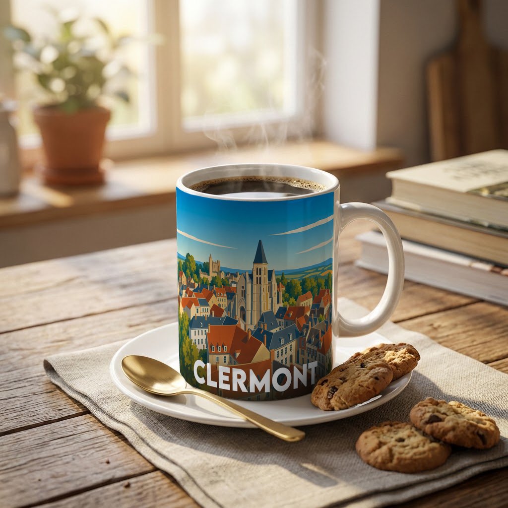 Mug souvenir de la ville de Clermont avec une illustration stylisée d'un paysage urbain historique.