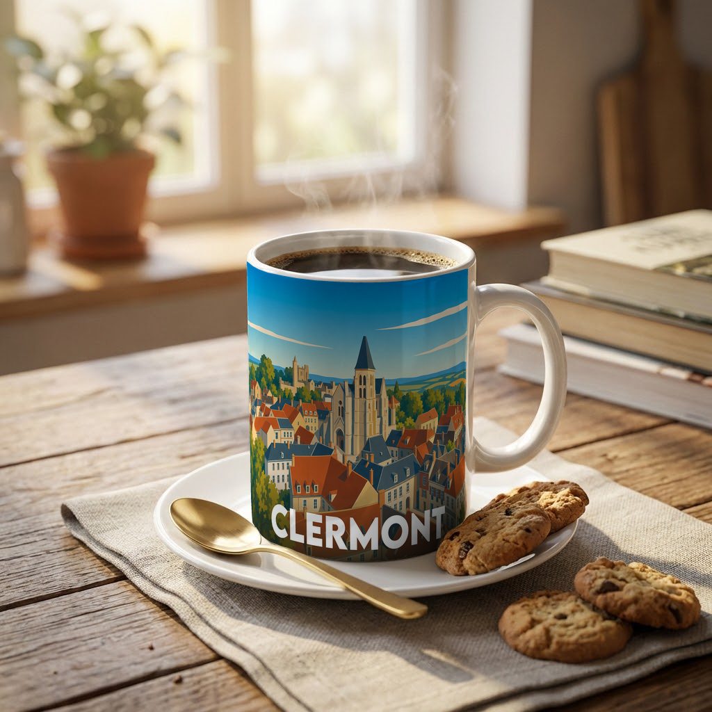 Mug souvenir de la ville de Clermont avec une illustration stylisée d'un paysage urbain historique.