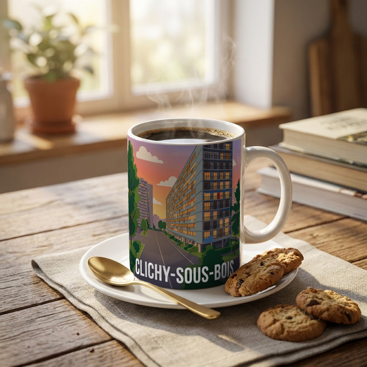 Mug souvenir de la ville de Clichy-sous-Bois avec une illustration stylisée d'un paysage urbain.