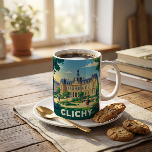 Mug souvenir de la ville de Clichy avec une illustration stylisée de l'hôtel de ville.