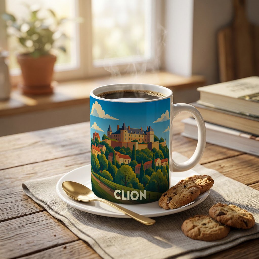 Mug souvenir de la ville de Clion illustré d'un château surplombant un village pittoresque.