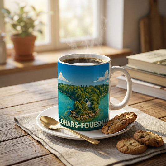 Mug souvenir de la ville de Clohars-Fouesnant orné d'une illustration stylisée d'un paysage côtier breton.