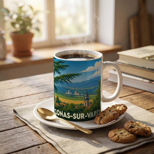 Mug souvenir de la ville de Clonas-sur-Varèze avec une illustration stylisée de son paysage.