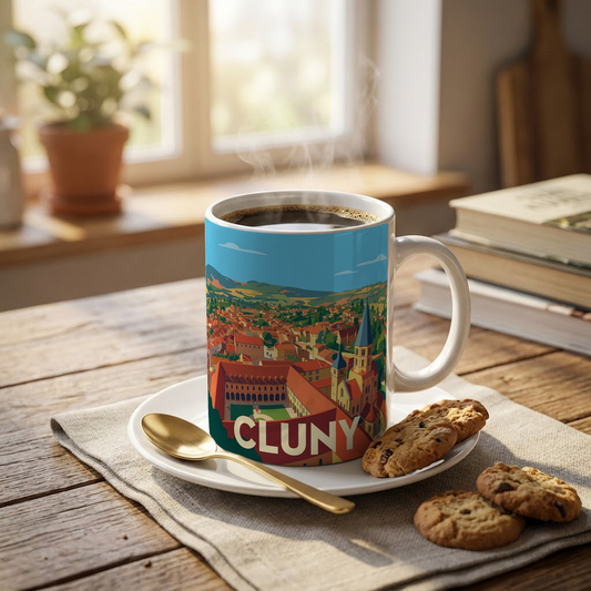 Mug souvenir de la ville de Cluny avec une illustration panoramique stylisée.