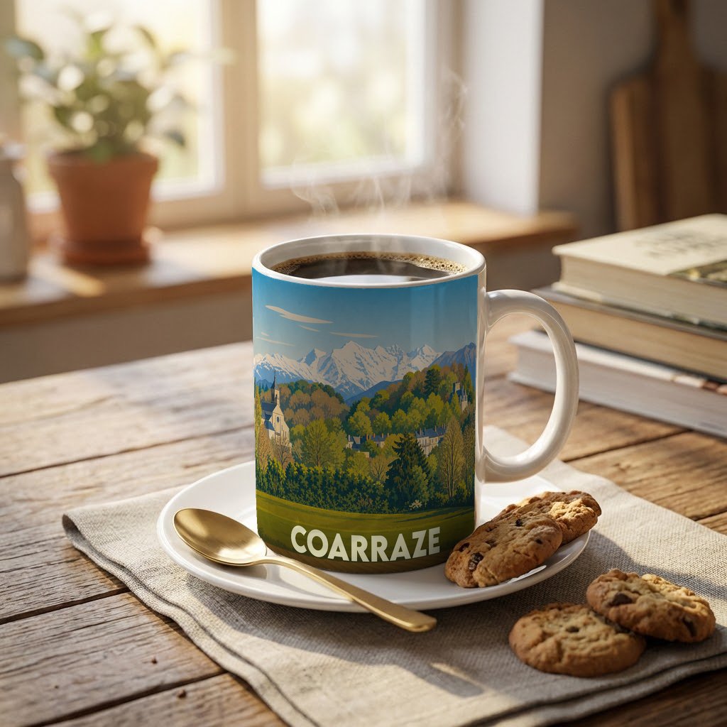 Mug souvenir de la ville de Coarraze avec une illustration stylisée de paysages montagneux.