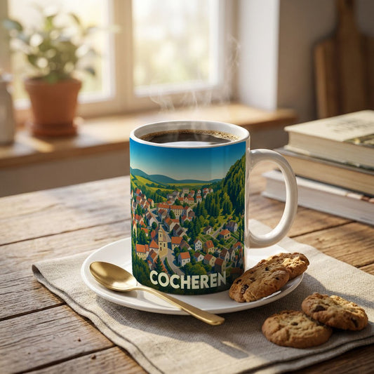 Mug souvenir de la ville de Cocheren orné d'une illustration panoramique stylisée.