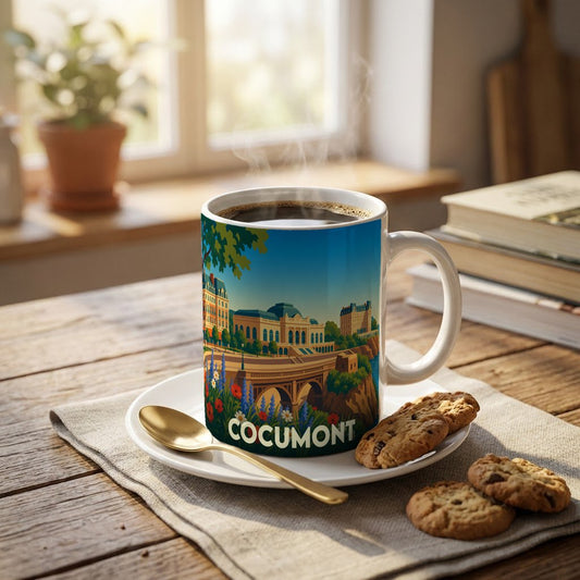 Mug souvenir de la ville de Cocumont orné d'une illustration colorée et stylisée de son paysage urbain.