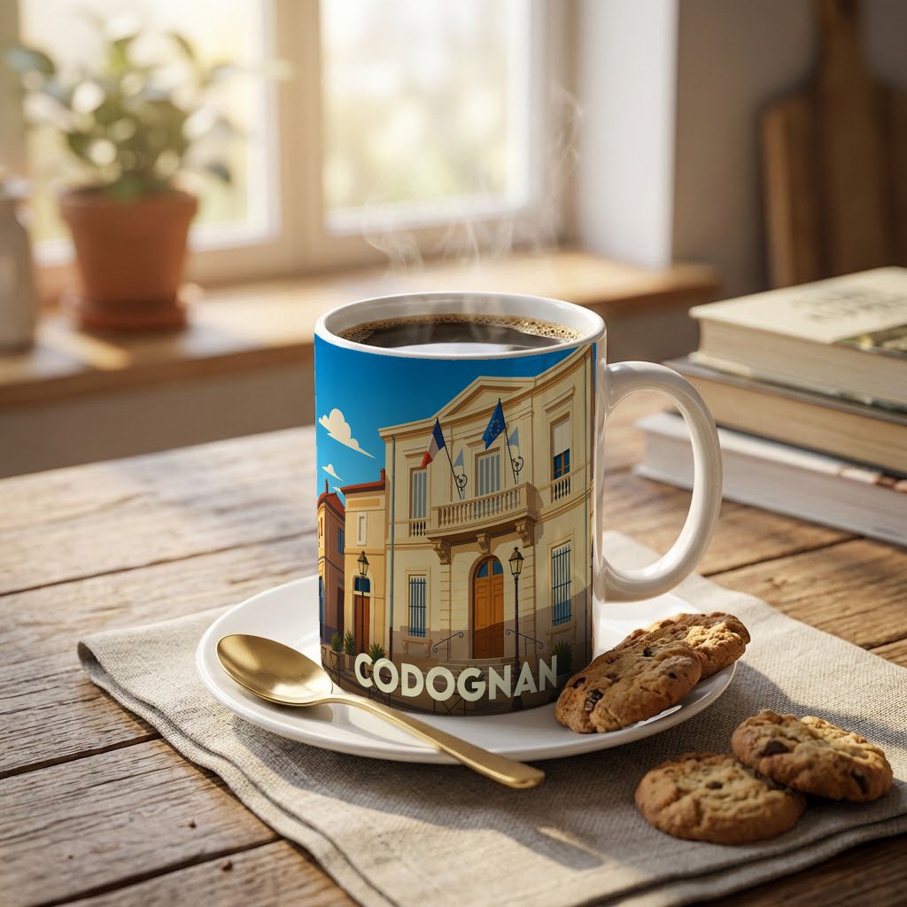 Mug souvenir de la ville de Codognan avec une illustration stylisée de sa mairie.