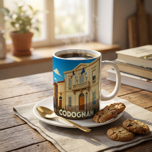Mug souvenir de la ville de Codognan avec une illustration stylisée de sa mairie.