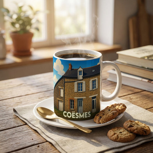 Mug souvenir de la ville de Coësmes orné d'une illustration stylisée d'une maison traditionnelle en pierre.