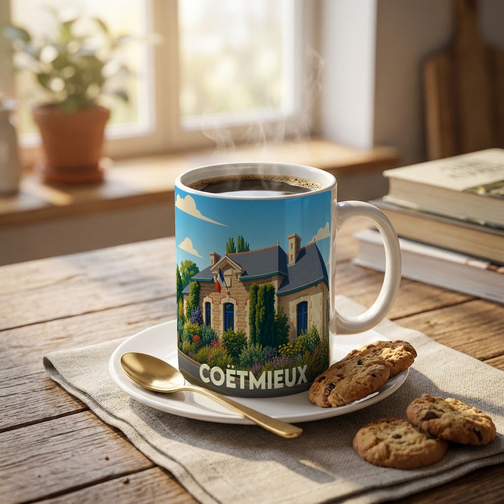 Mug souvenir de la ville de Coëtmieux avec une illustration stylisée de sa mairie.