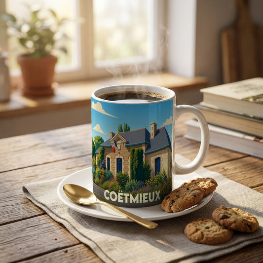 Mug souvenir de la ville de Coëtmieux avec une illustration stylisée de sa mairie.