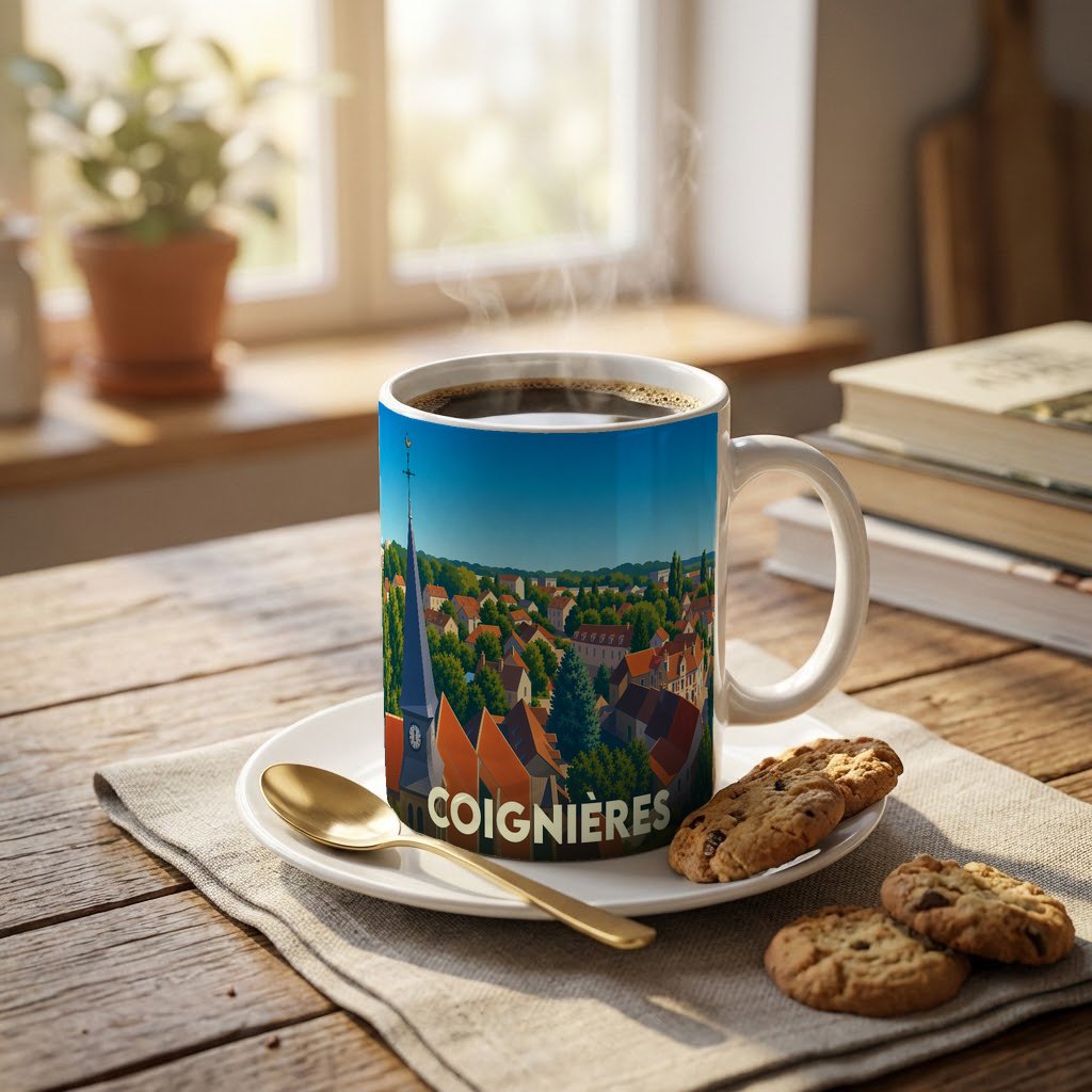Mug souvenir de la ville de Coignières avec une illustration stylisée.