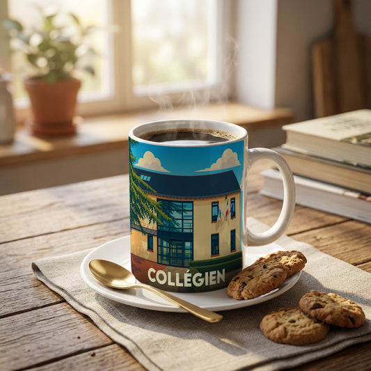 Mug souvenir de la ville de Collégien avec une illustration stylisée de la mairie.
