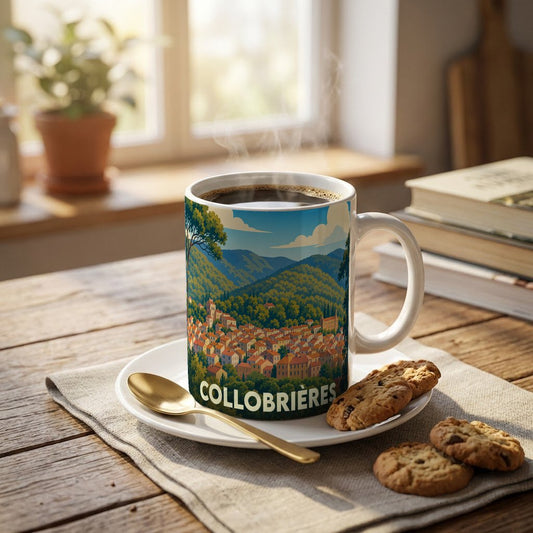 Mug souvenir de la ville de Collobrières illustré d'un paysage provençal stylisé.