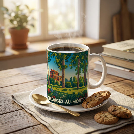 Mug souvenir de la ville de Collonges-au-Mont-d'Or avec une illustration stylisée d'un domaine arboré.