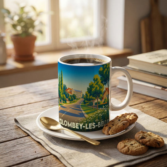 Mug souvenir de la ville de Colombey-les-Belles avec une illustration stylisée d'un paysage urbain verdoyant.