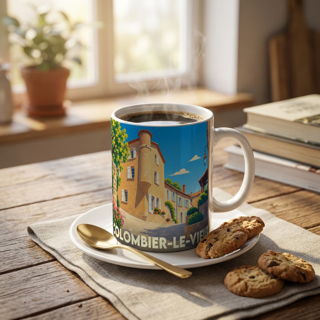 Mug souvenir de la ville de Colombier-le-Vieux orné d'une illustration colorée et stylisée d'un bâtiment historique.