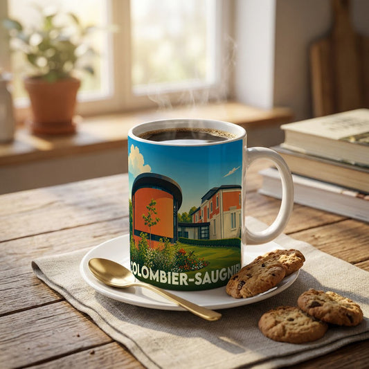 Mug souvenir de la ville de Colombier-Saugnieu avec une illustration colorée de ses bâtiments et jardins.
