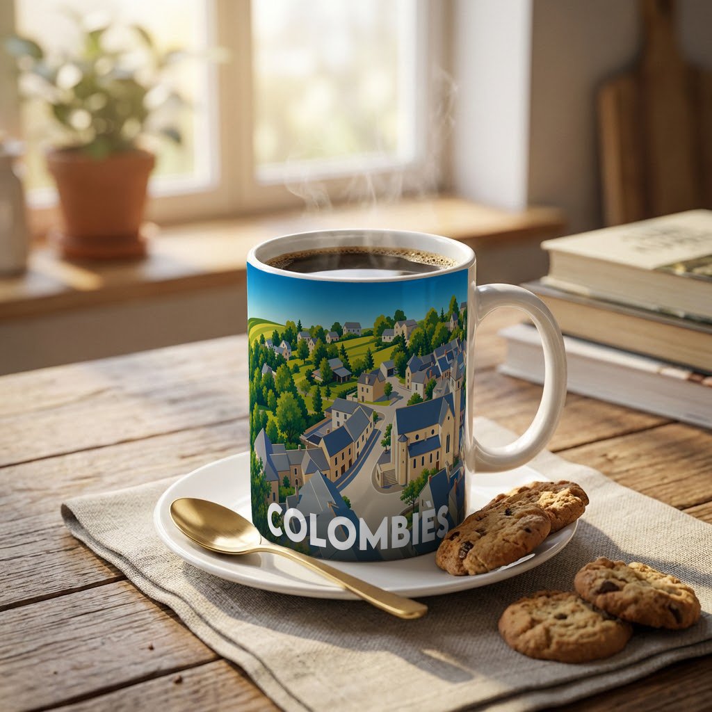 Mug souvenir de la ville de Colombiès avec une illustration stylisée du village.