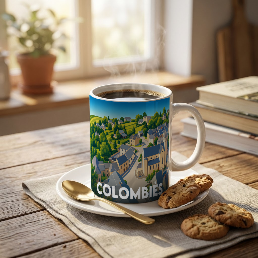 Mug souvenir de la ville de Colombiès avec une illustration stylisée du village.