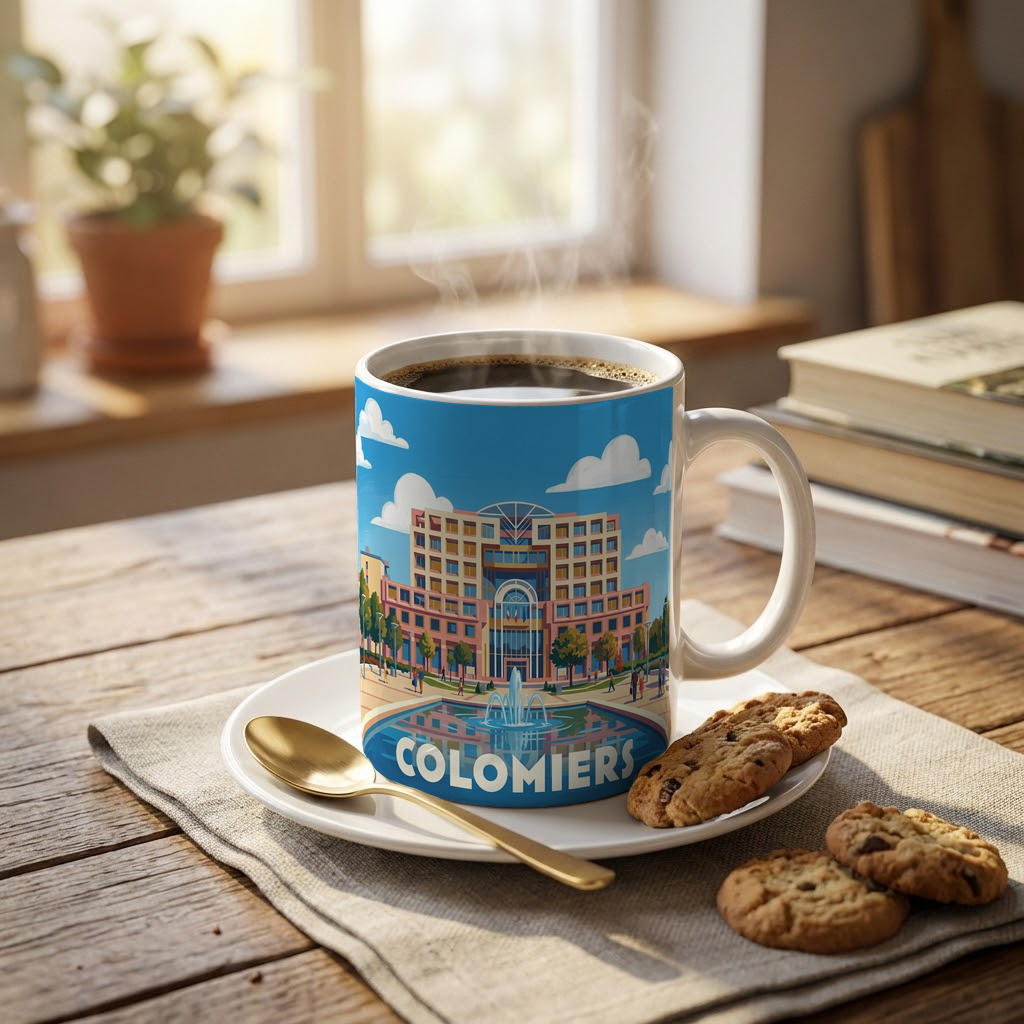 Mug souvenir de la ville de Colomiers avec une illustration stylisée de son hôtel de ville et d'une fontaine.