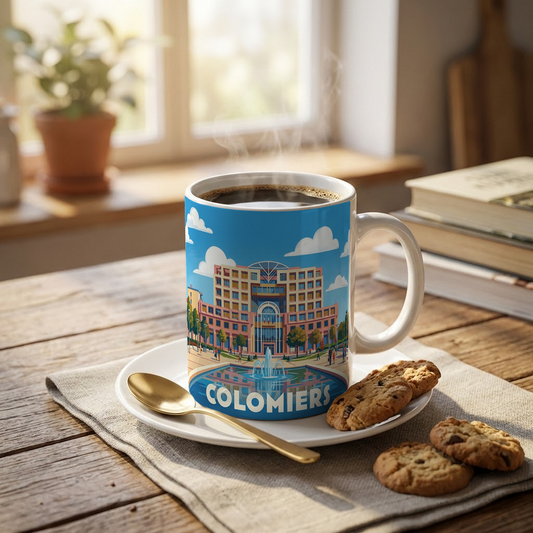 Mug souvenir de la ville de Colomiers avec une illustration stylisée de son hôtel de ville et d'une fontaine.