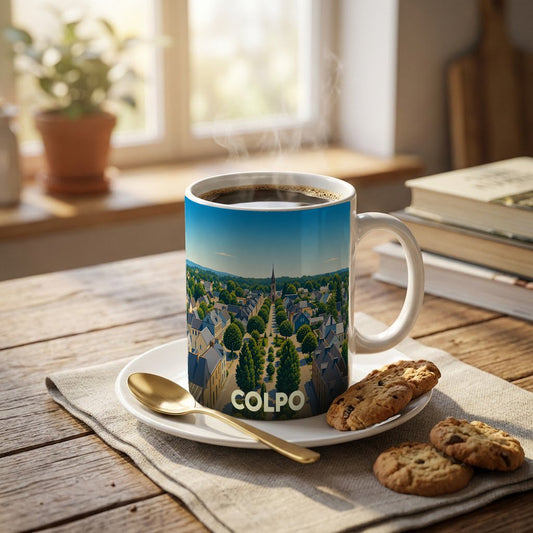 Mug souvenir de la ville de Colpo avec une illustration stylisée d'un paysage urbain.