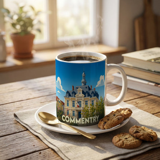 Mug souvenir de la ville de Commentry orné d'une illustration stylisée de son hôtel de ville.