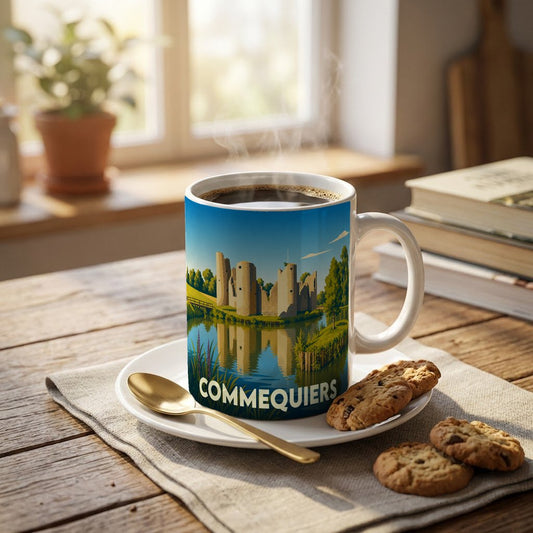 Mug souvenir de la ville de Commequiers illustrant son château médiéval au bord de l'eau.