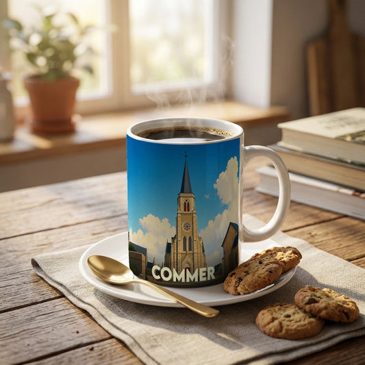 Mug souvenir de la ville de Commer orné d'une illustration stylisée de son église.