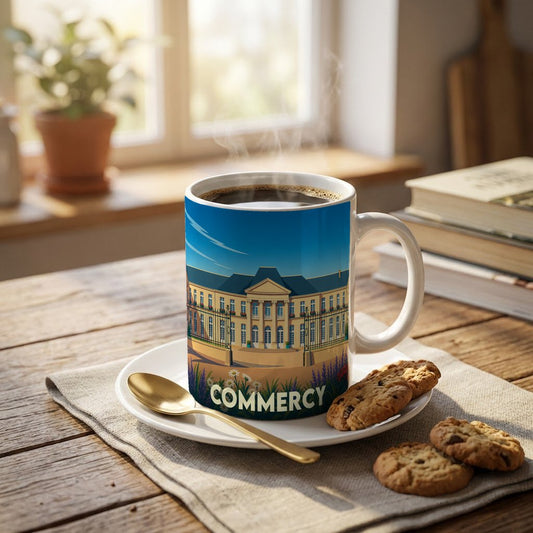 Mug souvenir de la ville de Commercy orné d'une illustration stylisée de son château.