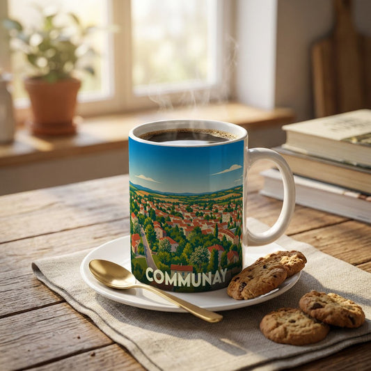 Mug souvenir de la ville de Communay avec une illustration paysagère stylisée.