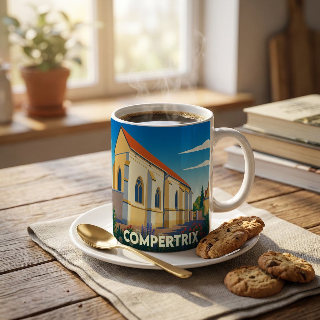 Mug souvenir de la ville de Compertrix avec une illustration stylisée de son église.