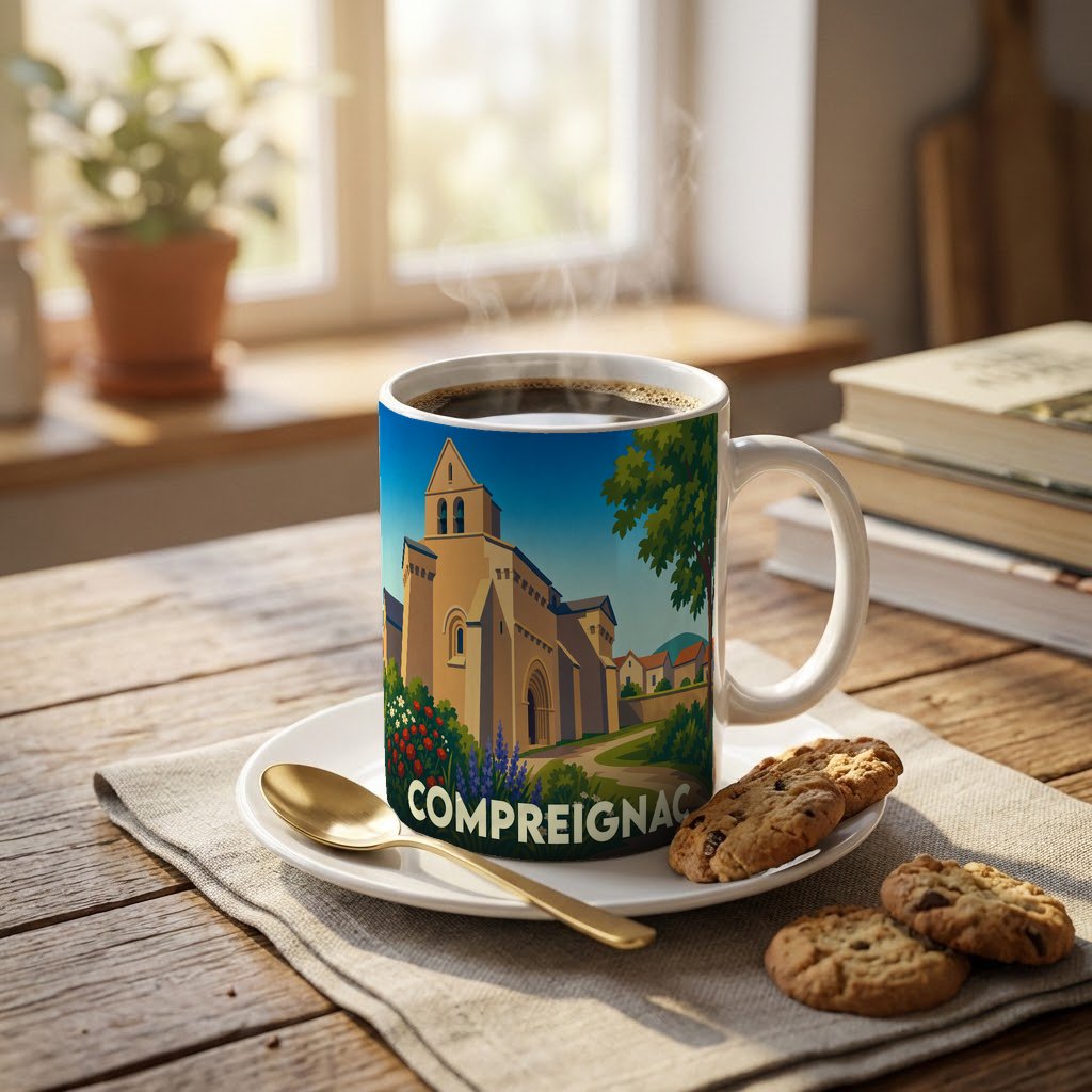 Mug souvenir de la ville de Compreignac avec une illustration stylisée de son église.