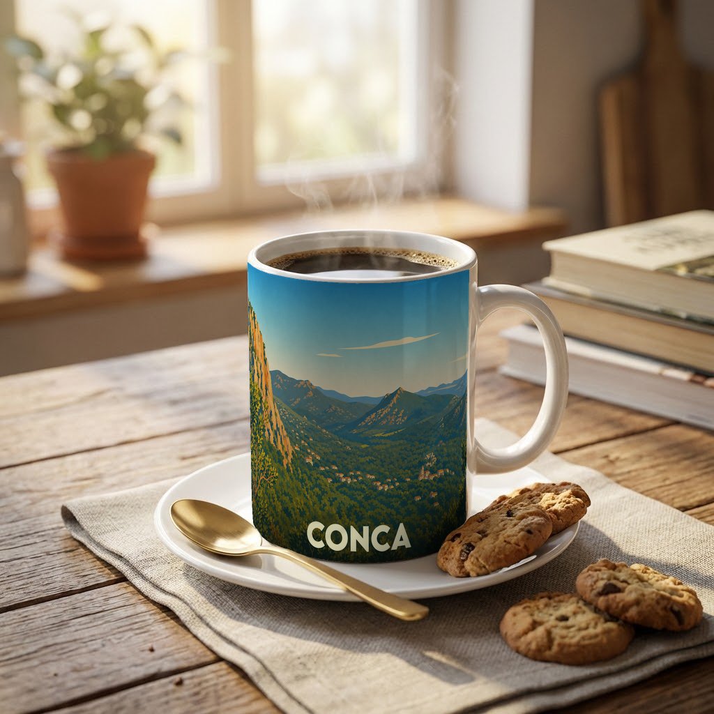 Mug souvenir de la ville de Conca orné d'une illustration stylisée de ses paysages montagneux.