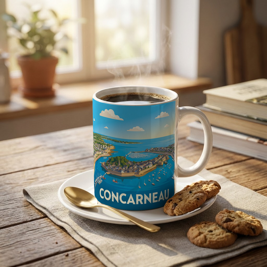 Mug souvenir de la ville de Concarneau avec une illustration stylisée de son paysage maritime.