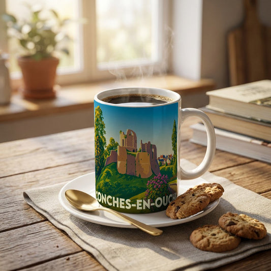 Mug souvenir de la ville de Conches-en-Ouche orné d'une illustration stylisée de son château médiéval.
