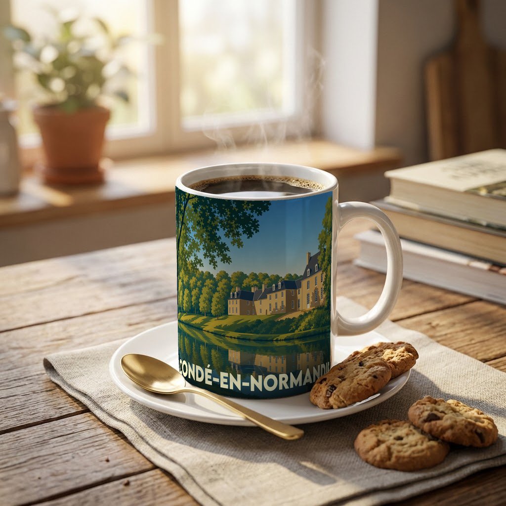 Mug souvenir de la ville de Condé-en-Normandie orné d'une illustration stylisée de son patrimoine.